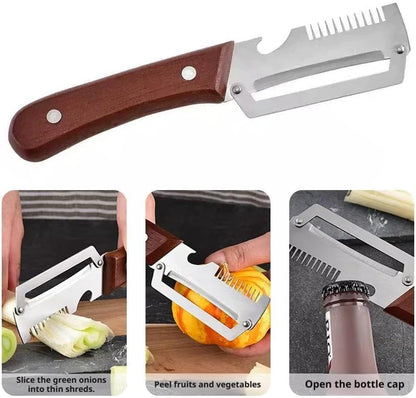 2PCS 3-in-1 Multifunctional Vegetable Peeler, Multifunctional Stainless Steel Peeler, Wooden Peeler, with Bottle Opener & Green Onion Comb Teeth, Kitchen Peeling Tool ﻿
