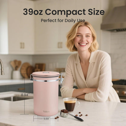 Veken Coffee Canister, Airtight Stainless Steel Kitchen Food Storage Container with Date Tracker and Scoop for Beans, Grounds, Tea, Flour, Cereal, Sugar, Cookie, 16OZ, Cream