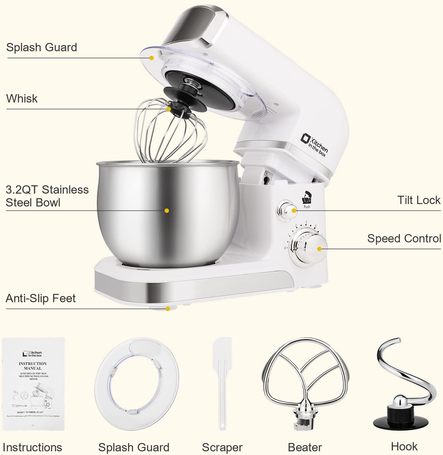 Kitchen in the box Stand Mixer,3.2Qt Small Electric Food Mixer,6 Speeds Portable Lightweight Kitchen Mixer for Daily Use with Egg Whisk,Dough Hook,Flat Beater (Black)
