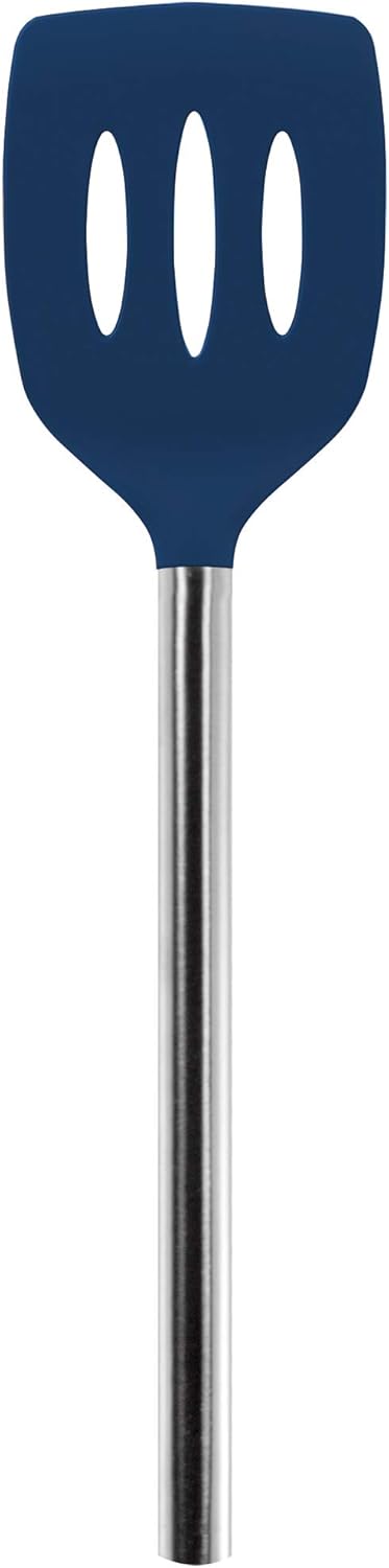 Tovolo Slotted Silicone Spatula Turner Slotted Stainless Steel Handle 10" Blue Slate Heat Resistant Non Toxic BPA Free Kitchen Utensil, Silicone Egg Pancake Flipper Metal Handle Turner for Cooking