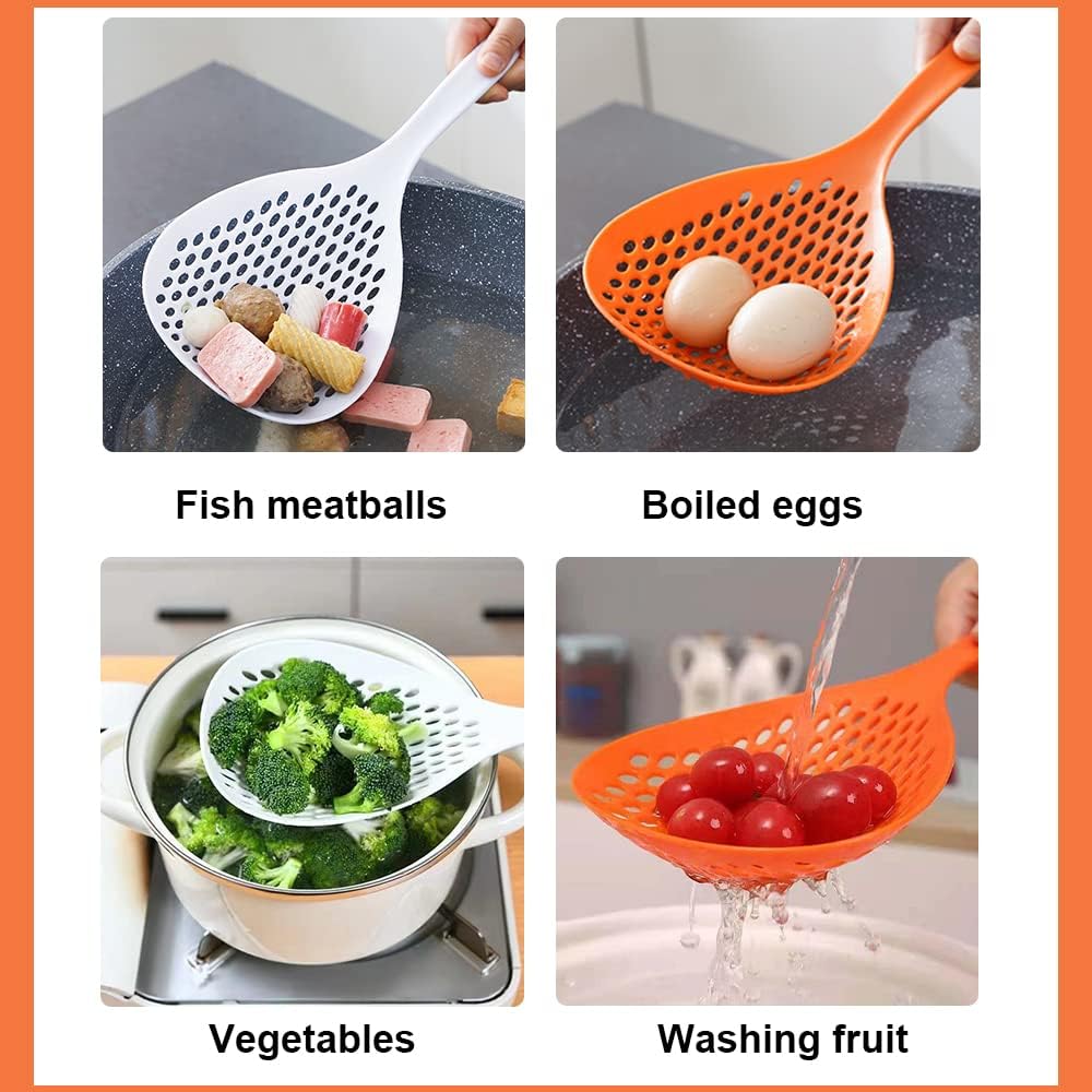 2 Pieces Strainer Scoop Colander Slotted Pasta Spoon Plastic Skimmer Spoon with Handle Food Drain Shovel for Kitchen Cooking, White and Orange 13.8x5.4