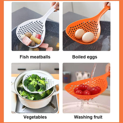 2 Pieces Strainer Scoop Colander Slotted Pasta Spoon Plastic Skimmer Spoon with Handle Food Drain Shovel for Kitchen Cooking, White and Orange 13.8x5.4