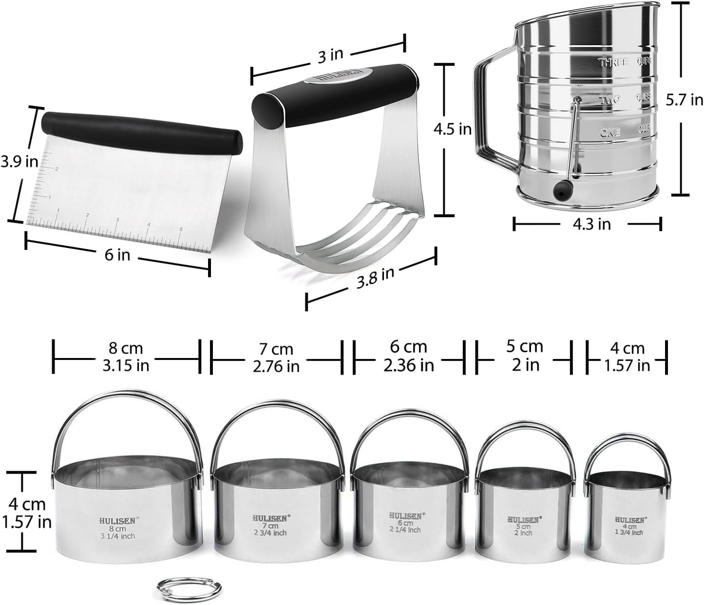 HULISEN Stainless Steel Biscuit Cutter Set, Pastry Scraper and Dough Blender, Sturdy & Long-Lasting with Ergonomic Rubber Grip, Professional Baking Dough Tools, Gift Package (3 Pcs/Set)