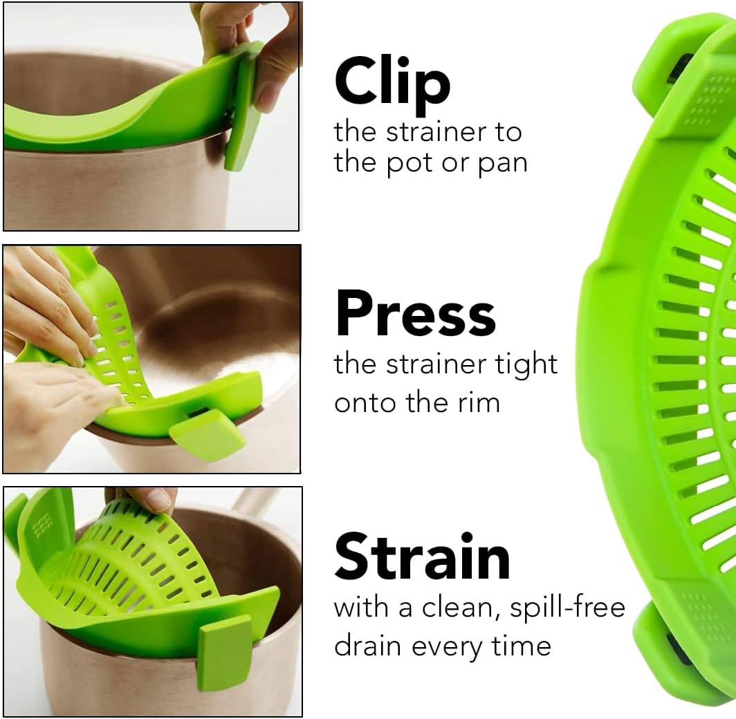 Clip‑On Pot Strainer Silicone Gray Dishwasher‑Safe Side‑Mount Design 9.4×4.6×2.5 Inches | Snap Drain Colander for Pans Bowls Skillets | Heat‑Resistant Kitchen Gadget Splash‑Guard