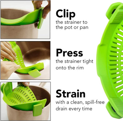 Clip‑On Pot Strainer Silicone Gray Dishwasher‑Safe Side‑Mount Design 9.4×4.6×2.5 Inches | Snap Drain Colander for Pans Bowls Skillets | Heat‑Resistant Kitchen Gadget Splash‑Guard