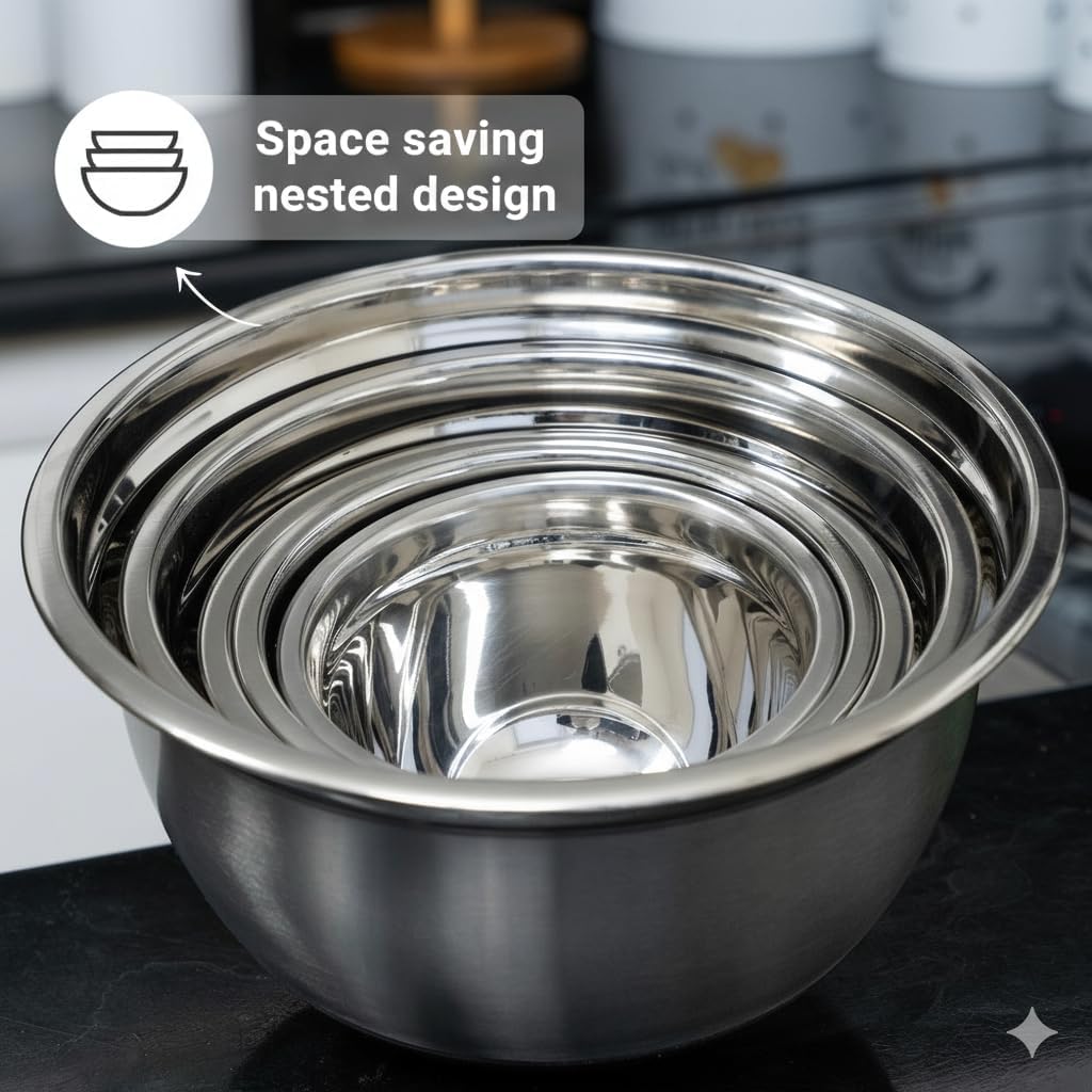 WHYSKO Stainless Steel Mixing Bowls with Lids Set - 5 Rustproof Metal Nesting Mixing Bowls for Kitchen, Meal Prep, Baking, Cooking, Storage - Includes 3 Grater Attachments, Dishwasher Safe