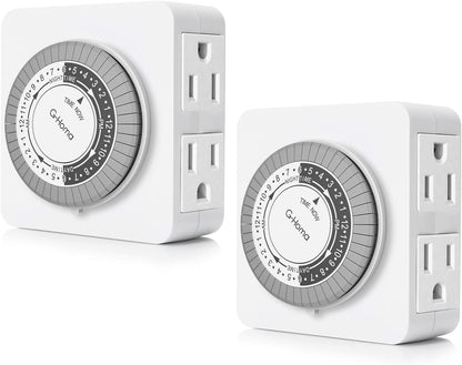 G-Homa 24-Hour Mechanical Timer Outlet with 2 Grounded Outlets - For Lamps, Holiday Lights