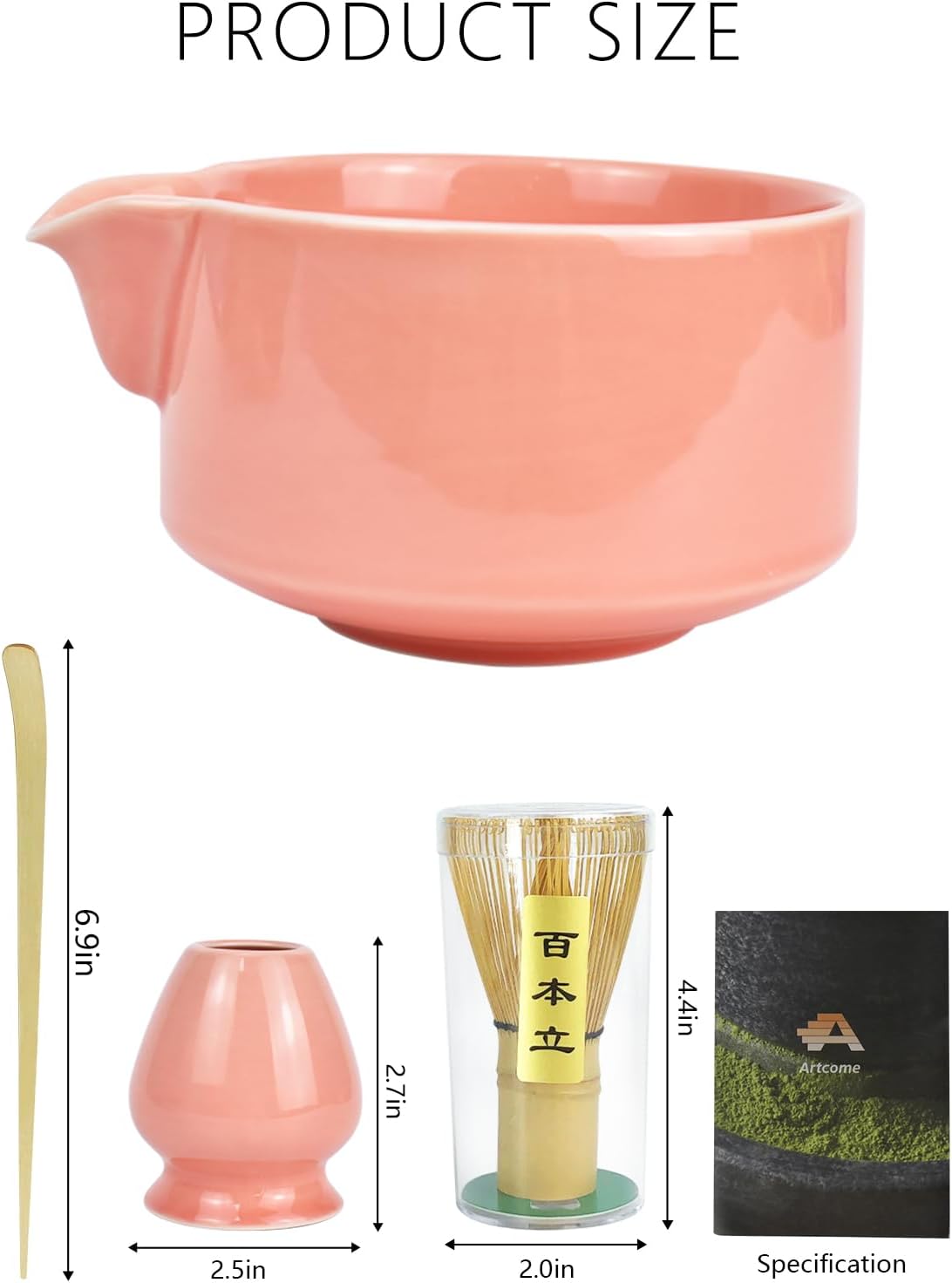 Artcome 4 Pcs Complete Matcha Ceremony Kit - Japanese Bowl With Pouring Spout, Whisk, Holder, Scoop - Tea Set for Making Usucha, Koicha and Latte (Green)
