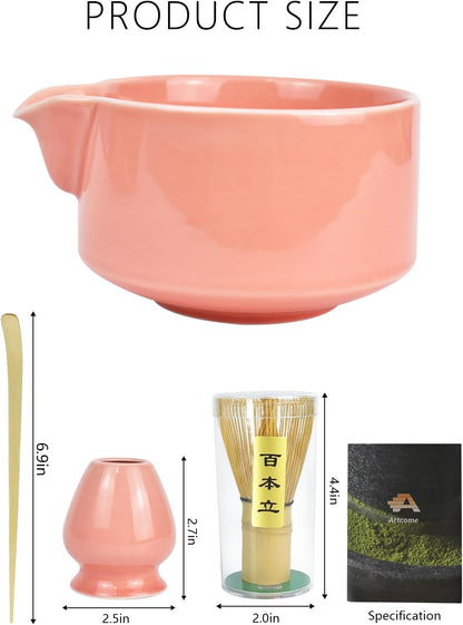 Artcome 4 Pcs Complete Matcha Ceremony Kit - Japanese Bowl With Pouring Spout, Whisk, Holder, Scoop - Tea Set for Making Usucha, Koicha and Latte (Green)