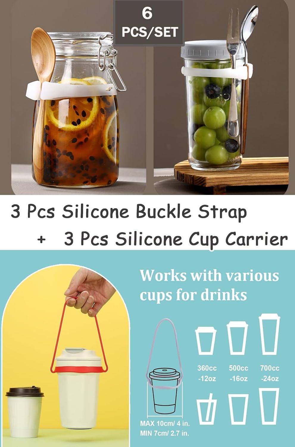 3 Pcs Silicone Spoon Buckle Strap 3 Pcs Water Bottle Handle Strap，Mason Jars Holder Straw Spoon Rest Silicone Coffee Carrier Kitchen Accessories Spoon Holder Kitchen Utensil Holder 6 Pcs/Set
