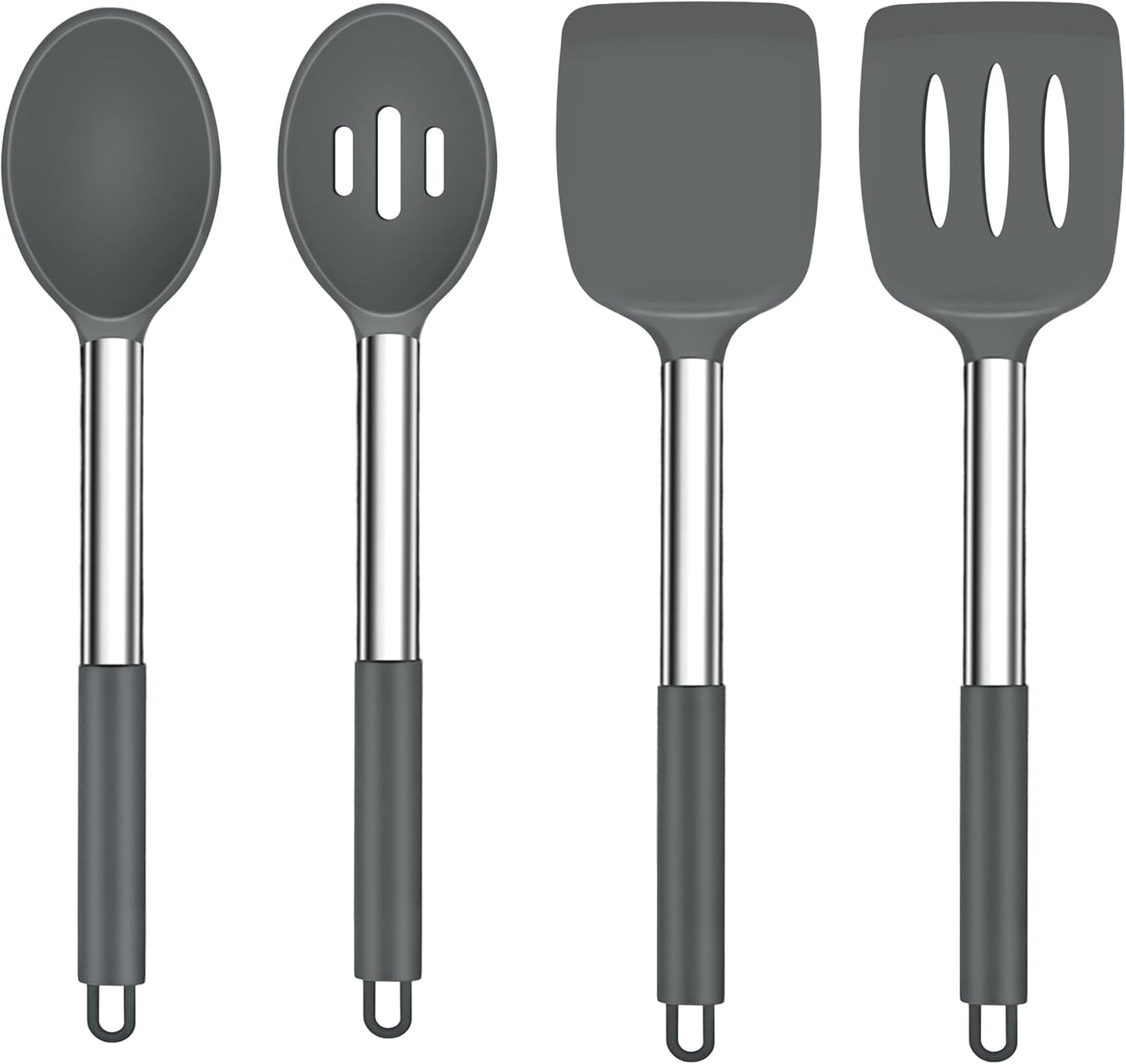 TeamFar Kitchen Utensils, 4 PCS Silicone Cooking Utensils Spatula Spoon Set with Stainless Steel Handle, for Frying Mixing Draining Turning, Healthy & Heat-proof, Non-stick & Dishwasher Safe - Black