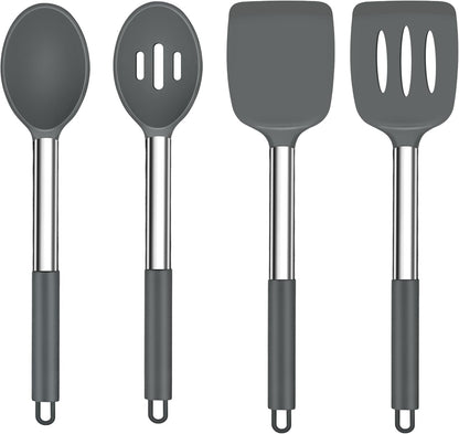 TeamFar Kitchen Utensils, 4 PCS Silicone Cooking Utensils Spatula Spoon Set with Stainless Steel Handle, for Frying Mixing Draining Turning, Healthy & Heat-proof, Non-stick & Dishwasher Safe - Black