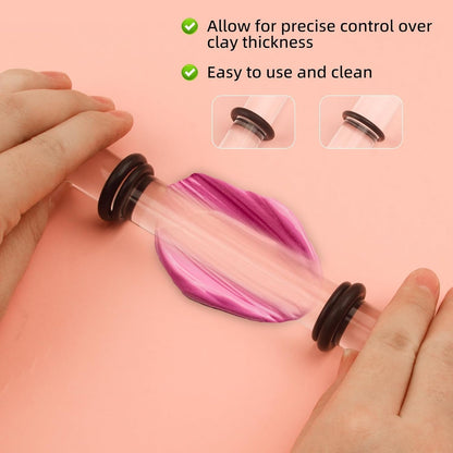2PCS Polymer Clay Roller Set with 8 Thickness Rings, Adjustable Acrylic Clay Rolling Pin & 2 Scrapers, Professional Clay Art Craft DIY Tool Kit for Shaping, Sculpting and Modeling, Clear