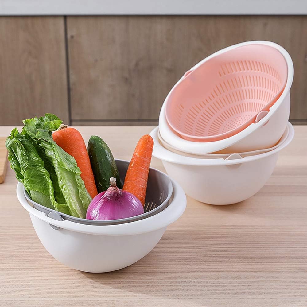 Double Layer Swivel Drainer 2 in 1 Bowl Strainer Combo - Kitchen Colander Fruit Wash Strainer for Cleaning Veggies, Noodles (Beige)