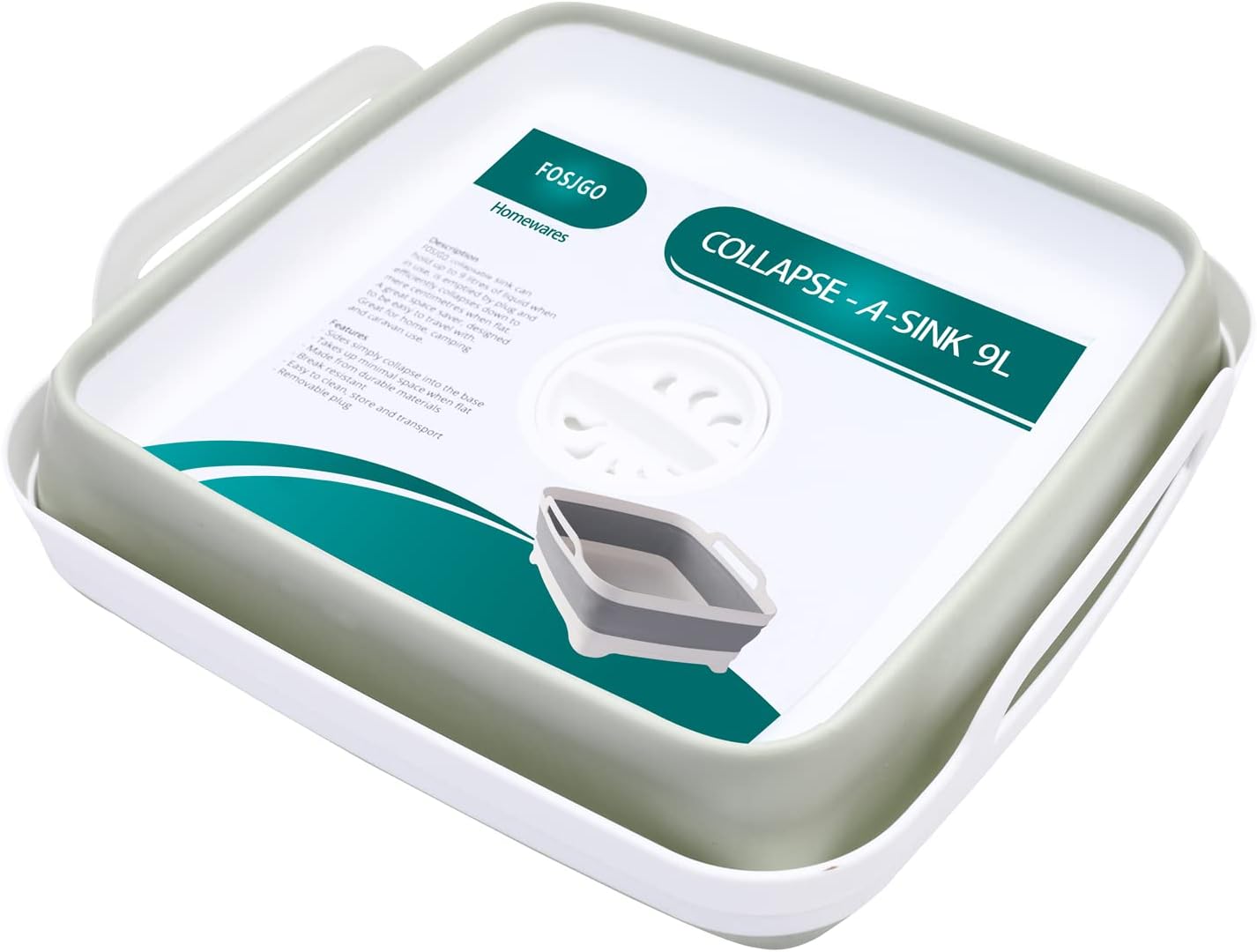 FOSJGO Collapsible Dish Basin with Drain Plug, 2.4 Gal (9L) Space-Saving Foldable Sink, Wash Basin for Kitchen, Baby Bottles, Vegetable Washing, Camping, RV and Party Beverage Tubs
