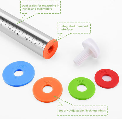 Rolling Pin with Adjustable Thickness Rings for Baking,Stainless Steel Dough Roller,Baking Supplies for Cookie Fondant Pizza Cake Pasta