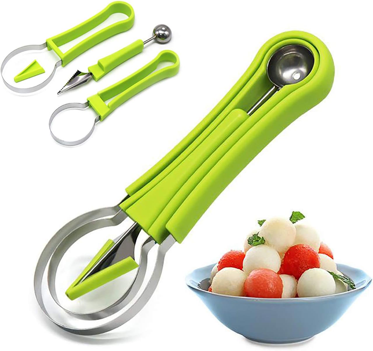 Melon Baller Scoop Set,Watermelon Scooper,4 In 1 Stainless Steel Fruit Carving Tools Set,Watermelon Slicer Ice Cream Baller,Fruit Cutters Seed Remover,Perfect Tools for Making Fruit Shapes(4 In 1)