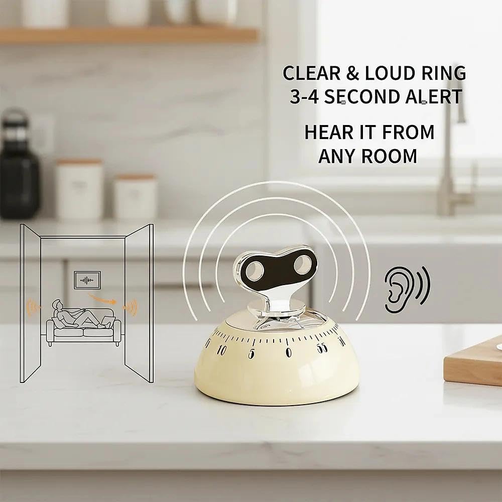 Retro Kitchen Timer Magnetic Mechanical 60 Minute Wind Up Timer No Batteries, Loud Alarm Timer for Cooking, Baking, Classroom, ABS Portable Kitchen Timer, Magnetic Mechanical Timing(White)