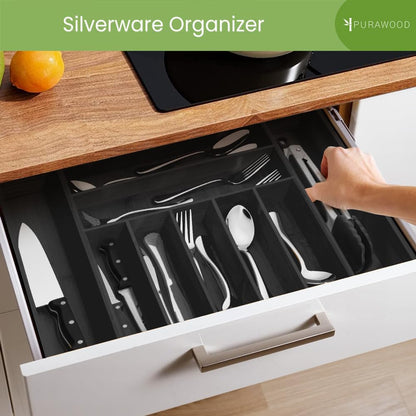 Purawood Bamboo Drawer Organizer - Expandable Silverware Organizer & Utensil Drawer Organizer, Cutlery Tray with Dividers, 7-9 Slots- Kitchen Organizer for Utensils & Flatware (Natural)