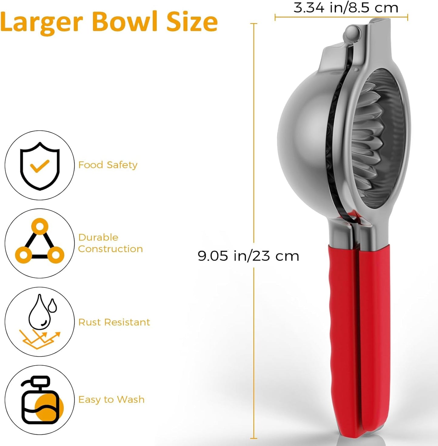 Stainless Steel Lemon Squeezer - Metal Citrus Juicer - Lime Lemon and Fruit Juicer with Silicone Handles - Large Manual Citrus Press Juicer - Hand Held Squeezer - Ergonomic Design with Solid