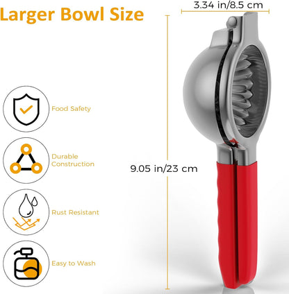 Stainless Steel Lemon Squeezer - Metal Citrus Juicer - Lime Lemon and Fruit Juicer with Silicone Handles - Large Manual Citrus Press Juicer - Hand Held Squeezer - Ergonomic Design with Solid
