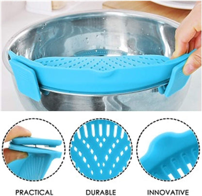 YANGG Clip-On Silicone Snap Strainer,Pasta Strainer for Spaghetti Pasta Ground Beef Grease for Most of Bowls and Pots,Food Grade Strainer,With 1pcs Hot Pads Heat-resistant (Light Blue)