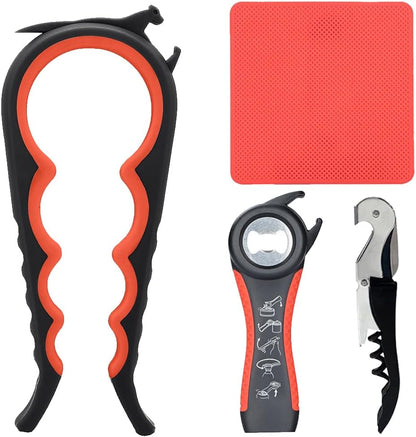 Otstar Jar Opener & Bottle Opener Set for Weak Hands - Multi-Function Kitchen Opener Tool for Seniors with Arthritis, Elderly - Includes Jar Lid Gripper Pad, Corkscrew Opener