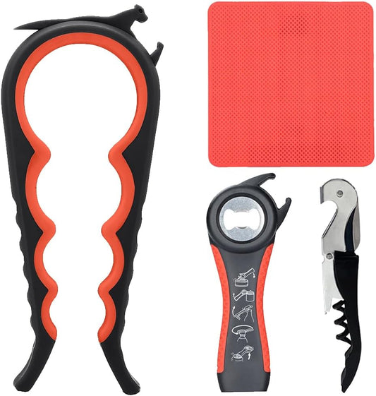 Otstar Jar Opener & Bottle Opener Set for Weak Hands - Multi-Function Kitchen Opener Tool for Seniors with Arthritis, Elderly - Includes Jar Lid Gripper Pad, Corkscrew Opener