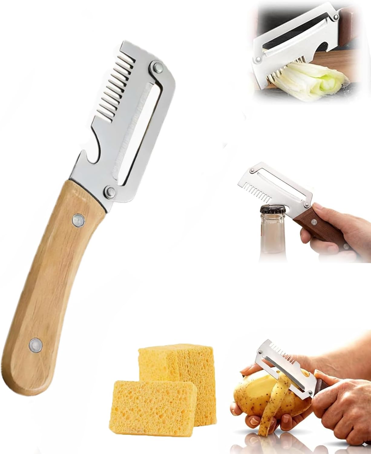 Elite Knife Shredder, Multi Peeler and Knife Kitchen, The 2.5mm Stainless Steel Peeler, Peeler and Julienne Shredder Tool with Wooden Handle and Bottle Opener, Vegetable Peeler Shredder Combo (2pcs)