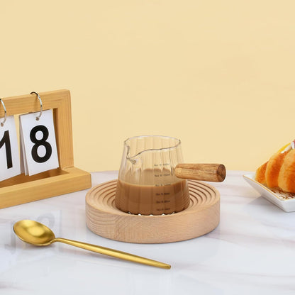 Glass Measuring Cup, 6oz Creamer Pitcher with Wood Handle, Creative Milk Frothing Pitcher Creamer Shot Glass (Transparent)