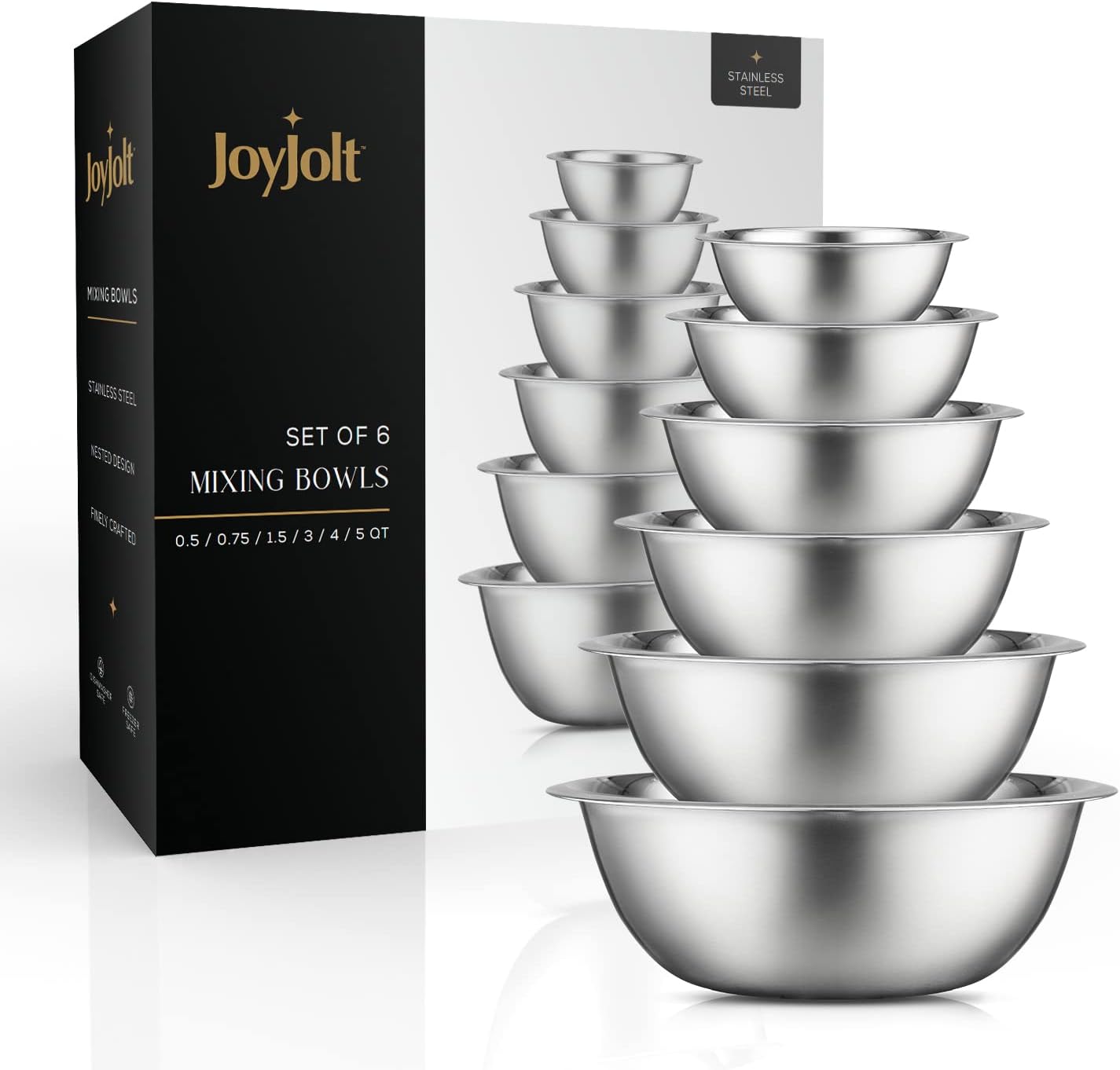 JoyJolt Stainless Steel Mixing Bowl Set of 6-5qt to 0.5qt Nesting Bowls for Dough, Batter & Baking