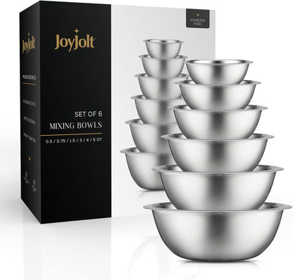 JoyJolt Stainless Steel Mixing Bowl Set of 6-5qt to 0.5qt Nesting Bowls for Dough, Batter & Baking