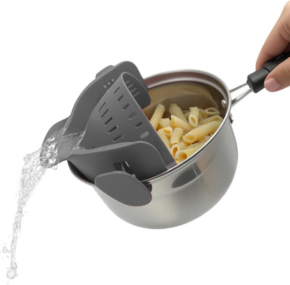 Clip-On Silicone Strainer for Pots, Heat-Resistant Handsfree Pasta & Vegetable Colander, Space-Saving Kitchen Gadget for Noodles, Veggies & Berries (Grey)