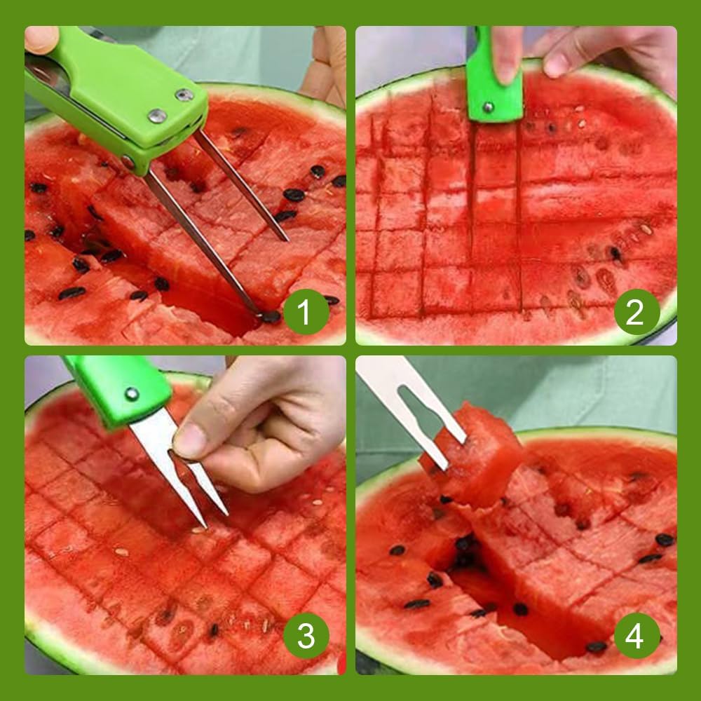 Watermelon Cutter Slicer, 3-in-1 Watermelon Slicer Cutter Tool Melon Baller Scoop Fruit Fork, Fruit Slicer Ice Scoop Watermelon Knife Fruit Cutter Scooper Fruit Cutting Kitchen Gadget (A# Green)