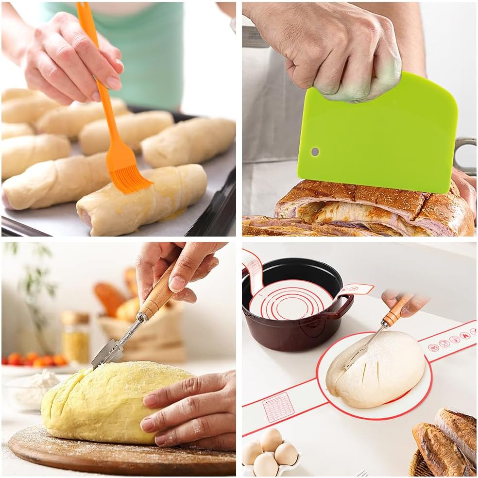 Bread Making Tools with Danish Dough Whisk Set, Dough Hook and Bread Scoring Tool, Brea-d Lame, Bowl Scrape-r, Bench Scrape-r & Pastry Brush, Sourdough Baking Essential