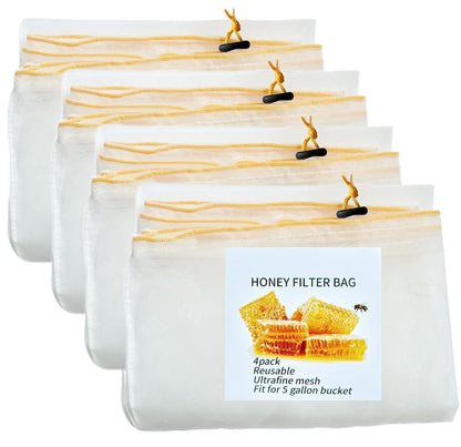 SPMKTQK Honey Strainer, 4 Pcs Honey Filter Bag Ultra-Fine Mesh Strainer with Adjustable Drawstring, Beginner Honey Extractor Equipment in a 5 Gallon Bucket, Bee Supplies Reusable and Washable