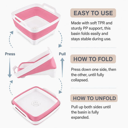 2.4 Gal(9L) Collapsible Dish Basin with Drain Plug, Space Saving Outdoor Multiuse Foldable Sink Tub, Dishpan, Kitchen Storage Tray for Camping, Vegetable Washing, RV (Gray)
