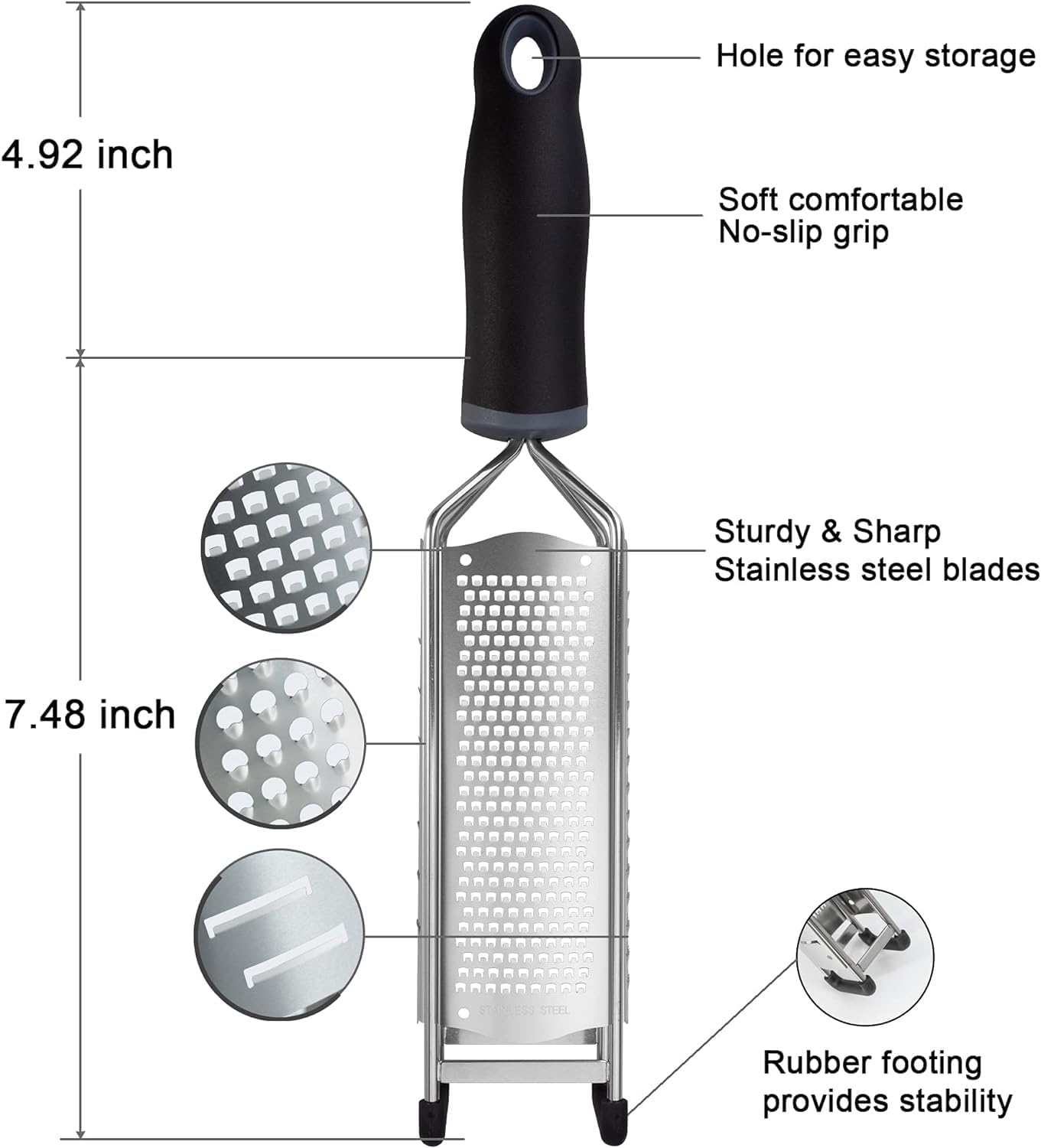 Lemon Zester, Stainless Steel Kitchen Cheese Grater, Plastic Cover Ergonomic Soft Black Handle