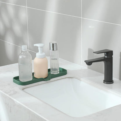 MicoYang Silicone Soap Dish with Drain Spout, Self-Draining Sink Organizer Tray for Bathroom and Kitchen, Sponges, Dispensers and Soap Holder, Non-Slip and Dishwasher Safe, Black (Compact, 4.9"×3.2")