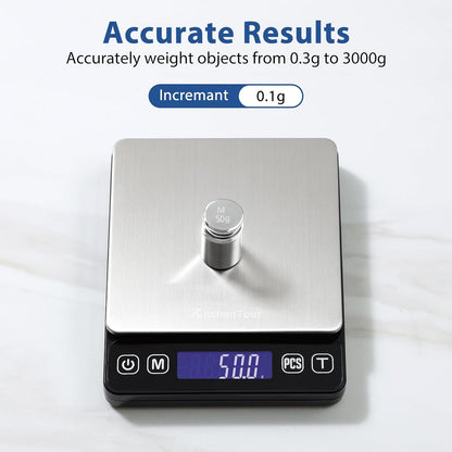 KitchenTour Digital Kitchen Gram Scale - 500g/0.01g - High Accuracy Precision Food Scale - Meat Scale with Back-Lit LCD Display(Batteries Included)-Black