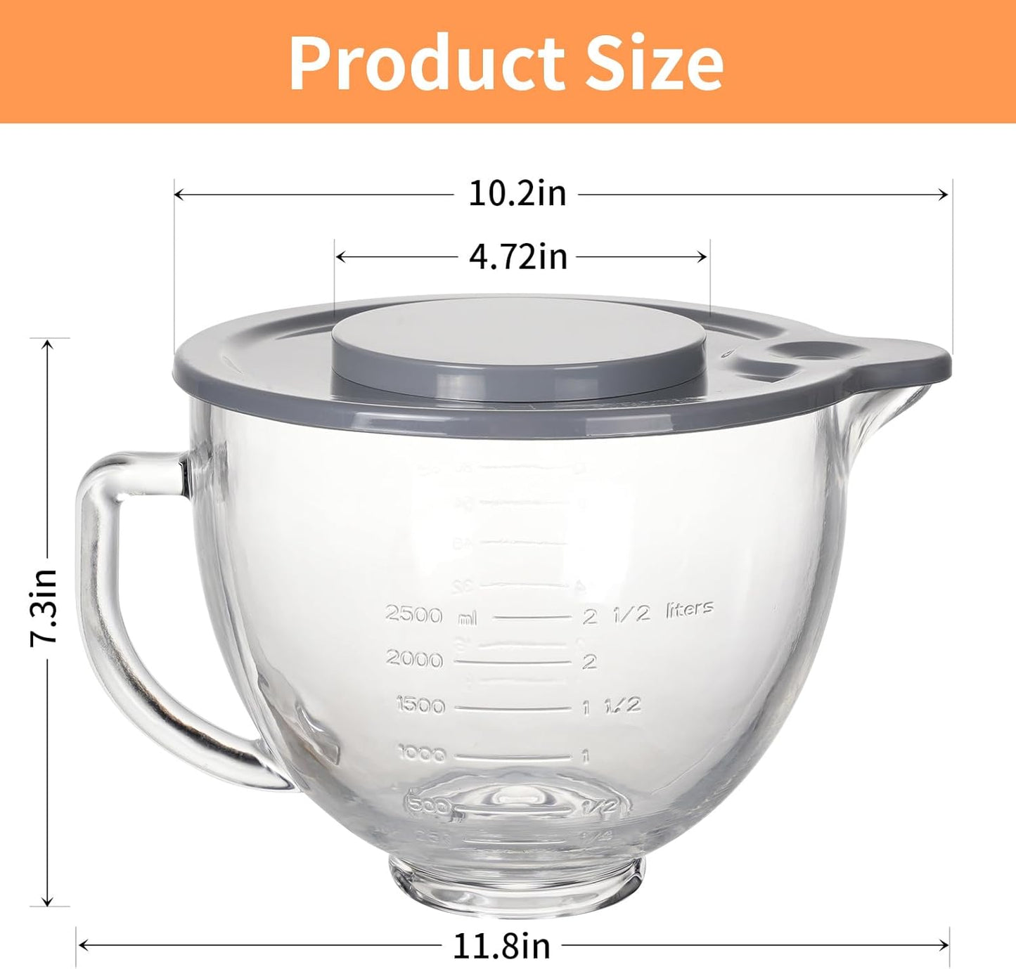5QT Glass Bowl Compatible with KitchenAid 4.5 and 5-Quart Tilt Stand Mixers,Glass Mixing Bowl with Lid, Measurement Markers and Handle