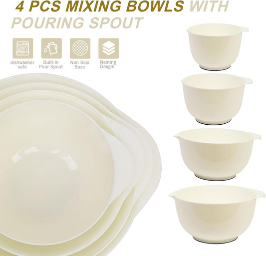 BoxedHome Nesting Plastic Mixing Bowl Set, 4 Piece Mixing Bowl Set with Pour Spouts, Size 1.7, 2.5, 3.5 and 4.5qt, for Prepping, Mixing, Baking, Cooking(2023 New Version, Pink)