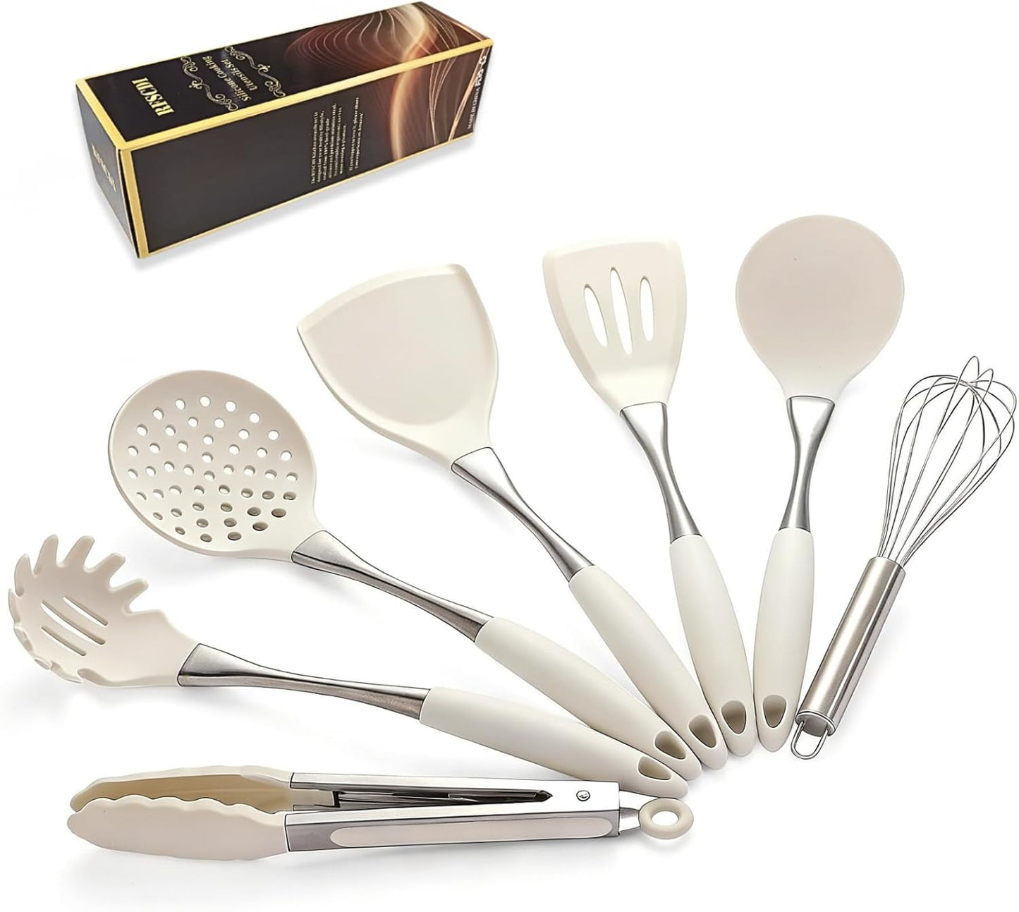 Elegant White Gold Silicone Cooking Utensils Set - Non-Toxic, Dishwasher Safe Kitchen Utensils Set with Heat Resistant Comfort Handles - Includes Spatula & Spoon for Nonstick Cookware