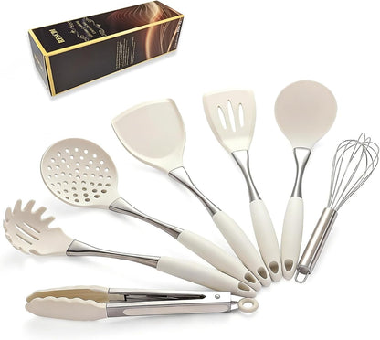 Elegant White Gold Silicone Cooking Utensils Set - Non-Toxic, Dishwasher Safe Kitchen Utensils Set with Heat Resistant Comfort Handles - Includes Spatula & Spoon for Nonstick Cookware