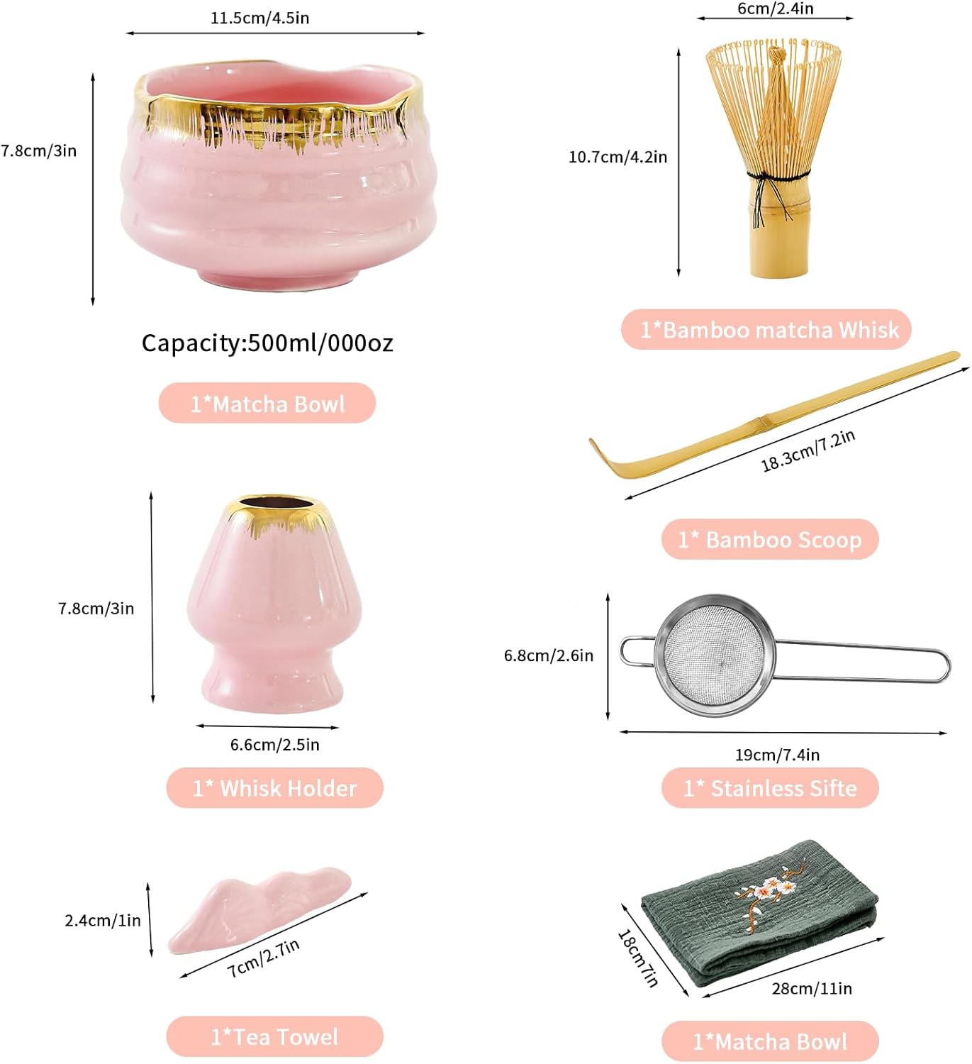 7-Piece Matcha Set: Matcha Bowl + Bamboo Whisk Kit, Ceremonial Matcha Whisk Tools with Golden Texture Details, Japanese Tea Ceremony Starter Kit, Unique Matcha Gift (pink)