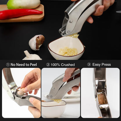 No-Peel Garlic Press – Heavy Duty Stainless Steel Garlic Crusher, Rust-Proof & Ergonomic Handle, 270° Flip for Easy Cleaning, Dishwasher Safe, 2-Year Warranty