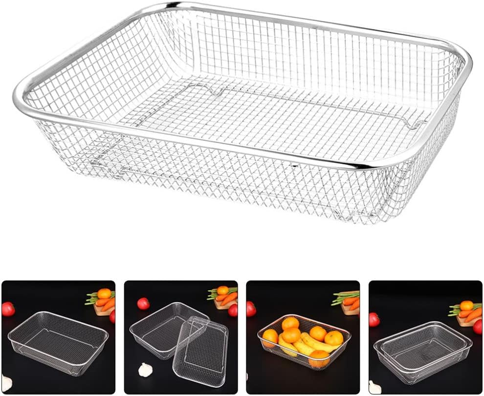 Angoily Stainless Steel Fruit Basket Rectangular Mesh Strainer Multi-Function Draining Basket for Kitchen Vegetable Washing 14.56X10.62X2.95In