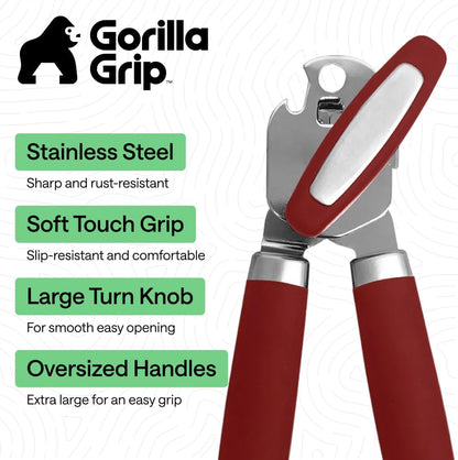 GORILLA GRIP Heavy Duty Stainless Steel Smooth Edge Manual Can Opener and Bottle Openers, US Designed, Soft Comfortable Handle, Oversized Handheld Turn Knob, Multifunctional Kitchen Tool, Black