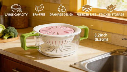 Fruit Vegetable Washing Bowl with Strainer, Multifunctional Produce Washer, Berry Container & Lettuce Keeper, Refrigerator Storage Organizer, Portable Strainer Colander for Kitchen