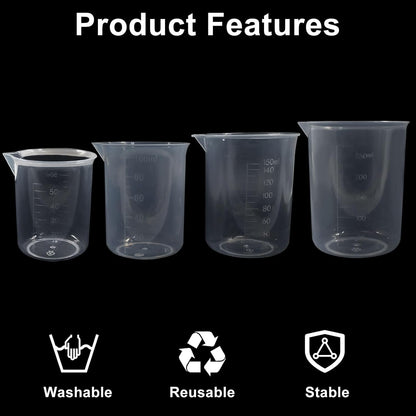 4 Pcs 50ml / 100ml /150ml /300ml Capacity Clear Measuring Cup, Transparent Lab Liquid Mixing Cups, Plastic Graduated Beakers for Kitchen Cooking Medicine Measure Tool